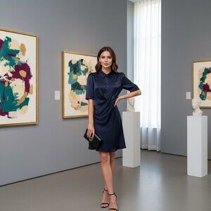 Women's Half Placket Office Ruched Short Sleeves Satin Dress